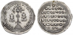 Basil II Bulgaroktonos, with Constantine VIII, 976-1025. Miliaresion (Silver, 30mm, 2.88 g 12), Constan­tinople, 989-1025. En TOVTω nICA T’ bASILEI C ...