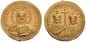Basil II Bulgaroktonos, with Constantine VIII, 976-1025. Histamenon (Gold, 19mm, 4.42 g 6), Constantinople, 1005-1025. +IhS XIS REX REGNANTIhM Bust of...