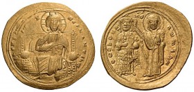 Romanus III Argyrus, 1028-1034. Histamenon (Gold, 24mm, 4.39 g 6), Constantinople. +IhS XIS REX REGNANTIhM Christ Pantocrator seated facing on throne,...