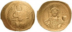 Constantine IX Monomachus, 1042-1055. Histamenon (Gold, 28mm, 4.42 g 6), Constantinople. +IhS XIS REX REGNANTIhM Christ, nimbate, seated facing on lyr...