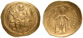 Isaac I Comnenus, 1057-1059. Histamenon (Gold, 25mm, 4.44 g 6), Constantinople. +IhS XIS R'X RCNANTIhM Christ, nimbate, seated facing on backless thro...