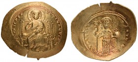 Constantine X Ducas, 1059-1067. Histamenon (Gold, 26mm, 4.38 g 6), Constantinople. +IhS XIS REX REGNANTIhm Christ, nimbate, seated facing on straight-...