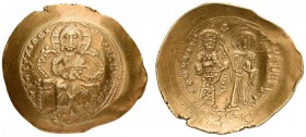 Constantine X Ducas, 1059-1067. Histamenon (Gold, 27mm, 4.47 g 6), Constantinople. +IhS IXS REX REGNANTIhm Christ, nimbate, seated facing on lyre-back...