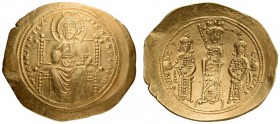 Eudocia, with Michael VII and Constantius, 1067. Histamenon (Gold, 24mm, 4.28 g 6), Constantinople. +IhS XIS RЄX RЄςNANTIhm Christ Pantocrator enthron...