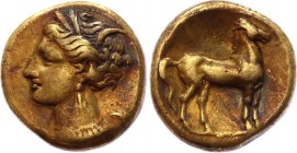 Ancient World The Carthaginians in the Mediterranean Carthage AU Stater 310-290 B.C.
MAA# 12; Gold 7.40g 18mm; Head of Tanit l., wearing earring, nec...