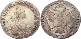 Russia 20 Kopeks 1770 СПБ
Bit# 378; 1 Rouble by Petrov; Silver 5,6 g.; AUNC; Edge - rope; Coin from an old collection; Cabinet patina; Mint lustre; A...