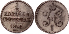 Russia 1/2 Kopek 1845 СМ
Bit# 785; Copper; Excellent condition; flat field; excellent small details. Rare in this condition. Very beautiful coin. Пре...
