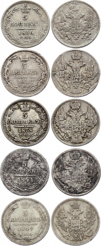 Russia 5 Kopeks 1836 -1837-1838-1841-1847
Silver, VF+