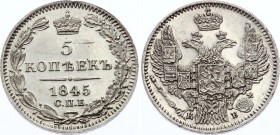 Russia 5 Kopeks 1845 СПБ КБ Eagle 1845
Bit# 399; Conros# 169/20; Silver, UNC