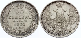 Russia 20 Kopeks 1851 СПБ ПА
Bit# 340; Silver, UNC