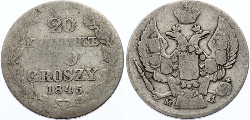 Russia - Poland 20 Kopeks 40 Groszy 1845 MW R
Bit# 1259 R; Conros# 480/4; Silve...