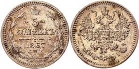 Russia 5 Kopeks 1867 СПБ HI
Bit# 268; Silver; great condition; great details; Very nice coin. Отличное состояние; отличная прочеканка деталей.; XF+ ....