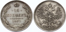 Russia 15 Kopeks 1861 СПБ
Bit# 290; Silver, AUNC. remains of mint luster.