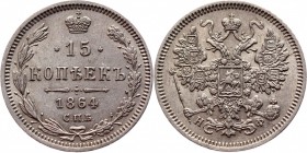 Russia 15 Kopeks 1864 СПБ НФ
Bit# 189; Silver 3,08 g.; UNC; Bright mint lustre; Perfect collectible sample; Насыщенный штемпельный блеск; Превосходны...