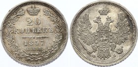 Russia 20 Kopeks 1857 СПБ ФБ
Bit# 60; Silver, AUNC