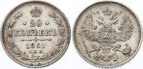 Russia 20 Kopeks 1861 СПБ
Bit# 288; Conros# 146/24; Silver, AUNC