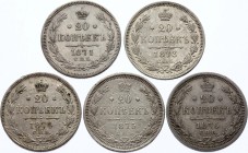 Russia 20 Kopeks 1871 -1876
Silver, 5 coins - 20k 1871, 1873, 1874, 1875, 1876. Silver, VF-AU