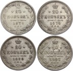 Russia 20 Kopeks 1878 -1881
Silver, 4 coins - 20k 1878, 1879, 1880, 1881. Silver, VF-AU