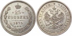 Russia 25 Kopeks 1875 СПБ НI R
Bit# 151 R; Silver 5,11 g.; AUNC; Bright mint lustre; Perfect collectible sample; Very rare; Low mintage; Only 24 003 ...