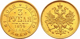 Russia 3 Roubles 1874 СПБ HI R
Bit# 36 R; Gold (.917), 3.84g. AUNC, lustrous.