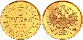 Russia 3 Roubles 1876 СПБ HI R
Bit# 38 R; Gold (.917), 3.89g. UNC with hairlines, lustrous.