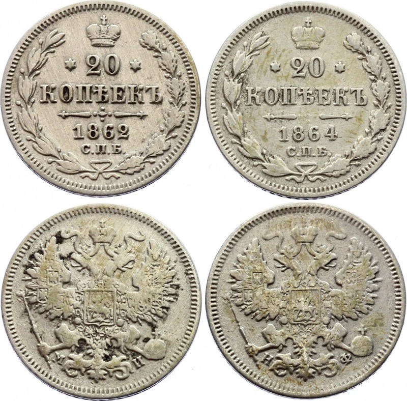 Russia Lot of 2 Coins 20 Kopeks 1862 - 1864
20 Kopeks 1862 СПБ МИ & 20 Kopeks 1...