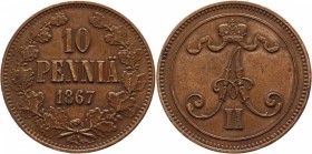 Russia - Finland 10 Pennia 1867
Bit# 653; Conros# 487/3; Copper 2,77g.; Rare in this grade.; XF-AUNC