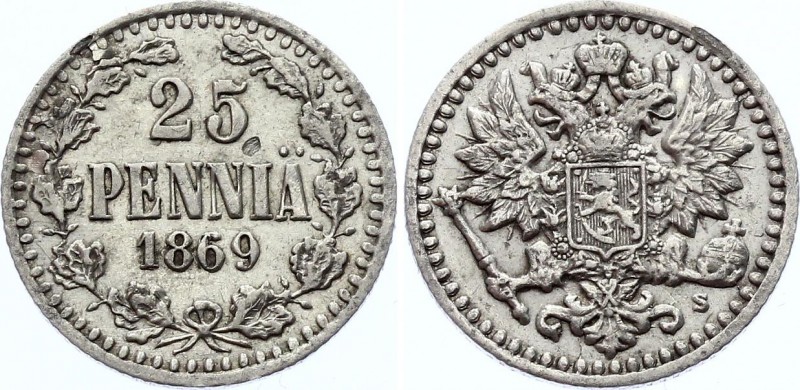 Russia - Finland 25 Pennia 1869 S
Bit# 645; Silver 1.12g; XF