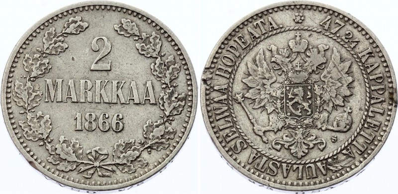 Russia - Finland 2 Markkaa 1866 S
Bit# 618; Conros# 483/2; Silver, XF+