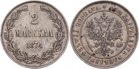 Russia - Finland 2 Markkaa 1874 S
Bit# 623; Conros# 483/6; Silver 10,34g.; Edge - inscription; XF.