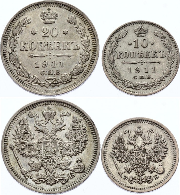 Russia 10 & 20 Kopeks 1911
Silver, UNC