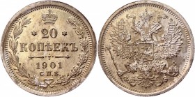 Russia 20 Kopeks 1901 СПБ-ФЗ
Bit# 100; Silver; Excellent condition; excellent small details; stamp gloss. Rare in this condition. Very beautiful coin...