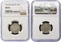 Russia 20 Kopeks 1915 ВС NGC MS 64
Bit# 117; Silver
