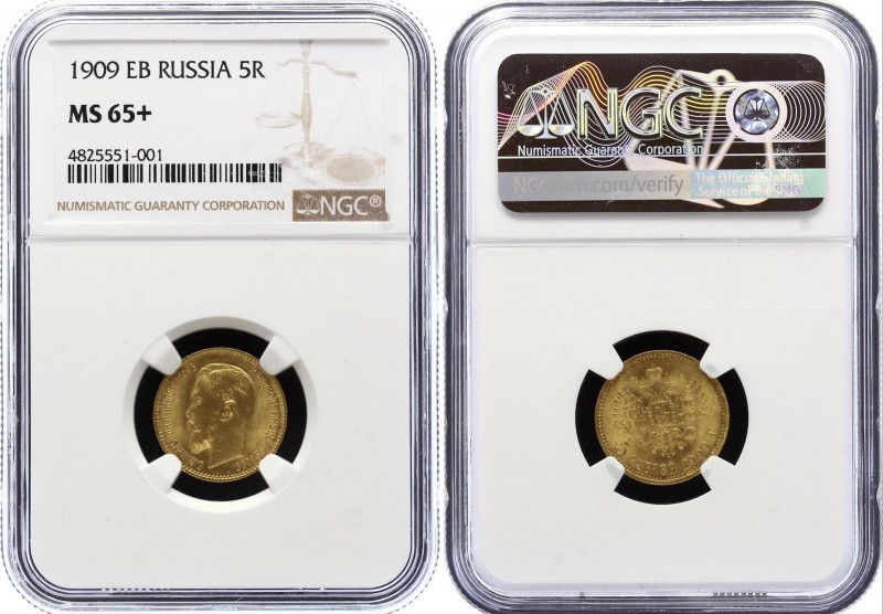 Russia 5 Roubles 1909 ЭБ R NGC MS65+
Bit# 34 (R); Gold (.900), 4.3g. NGC MS65. ...