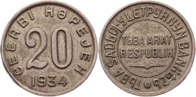 Russia - USSR Tannu Tuva 20 Kopeks 1934 Rare
KM# 7; Copper-Nickel 3,63g.; AUNC.