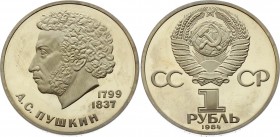 Russia - USSR 1 Rouble 1984 PROOF!
Y# 196.1; Proof; Mintage 35,000; Aleksandr Pushkin; Leningrad Mint
