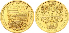 Czech Republic 2000 Korun 2002
KM# 61; Gold (.9999) 6,22g.; Subject: Renaissance - Litomysl Castle; Obv: Three heraldic animals above mermaid; Rev: A...