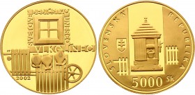 Slovakia 5000 Korun 2002
KM# 61; Vlkolínec - UNESCO World Heritage. Gold (.900), 9.5g. Mintage 7200. Proof. With Box & COA.