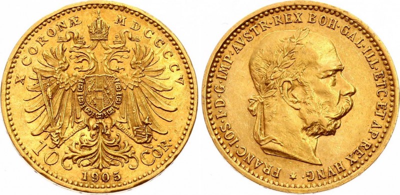 Austria 10 Corona 1905
KM# 2805; Gold (.900) 3.38g 19mm; Franz Joseph I