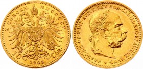 Austria 10 Corona 1905
KM# 2805; Franz Joseph I; Gold (.900) 3.39g. Mintage 1,933,230. AUNC.