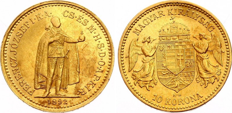 Hungary 10 Korona 1892 KB
KM# 485; Franz Joseph I; Gold (.900), 3.39 g. Mintage...