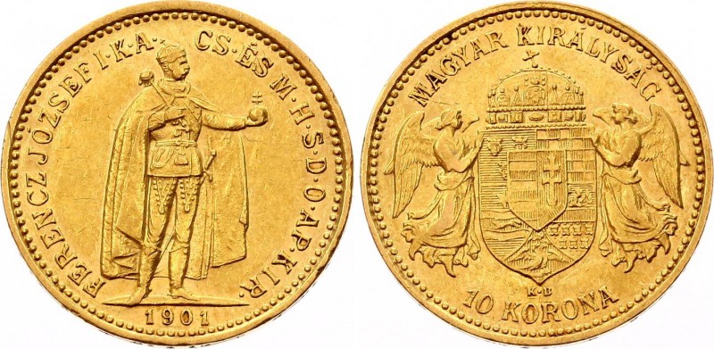 Hungary 10 Korona 1901 KB
KM# 485; Franz Joseph I; Gold (.900), 3.39 g. Mintage...