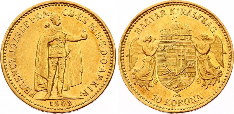 Hungary 10 Korona 1903 KB
KM# 485; Franz Joseph I; Gold (.900), 3.39 g. Mintage...