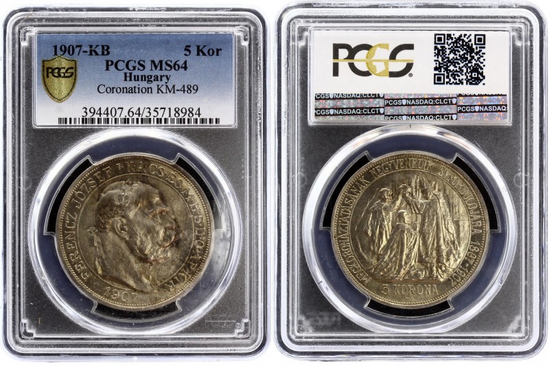 Hungary 5 Korona 1907 KB PCGS MS64
KM# 489; Coronation of Franz Joseph I as Kin...