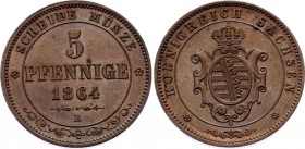 German States Saxony 5 Pfennige 1864 B
KM# 1218; Johann; UNC Beautiful Coin with Dark-Chocolate Patina!