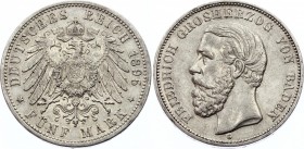 Germany - Empire Baden 5 Mark 1895 G
KM# 268; Silver; Friedrich I.; XF