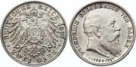 Germany - Empire Baden 2 Mark 1907
KM# 278; Silver; Death of Friedrich I; XF