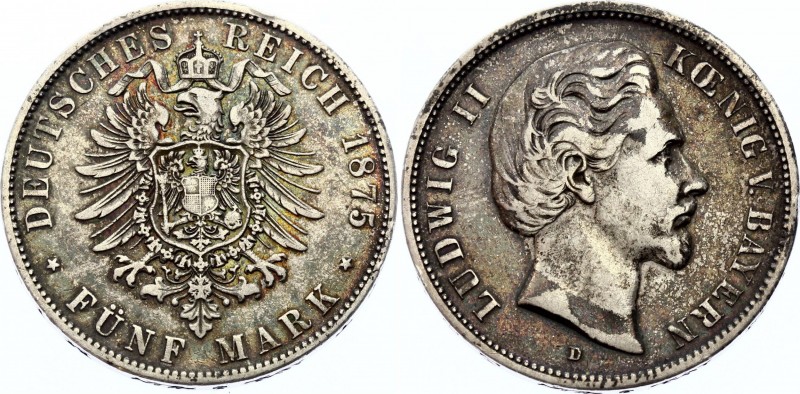 Germany - Empire Bavaria 5 Mark 1875 D
KM# 896; Silver; Ludwig II; XF with Nice...