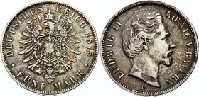 Germany - Empire Bavaria 5 Mark 1875 D
KM# 896; Silver; Ludwig II; XF with Nice Toning