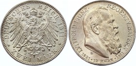Germany - Empire Bavaria 2 Mark 1911 D
KM# 997, Jaeger 48; 90th Birthday of Prince Regent Luitpold. Mintage 640000; Silver, UNC; Deutsches Kaiserreic...